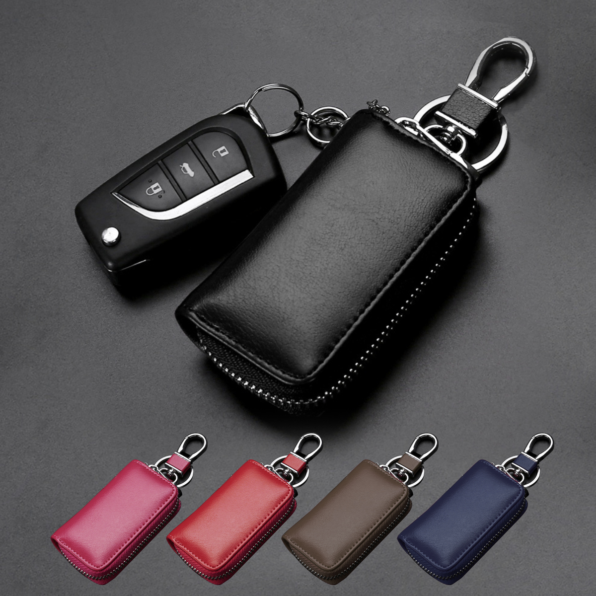 Leather Key Case with Car Key Fob & Carabiner